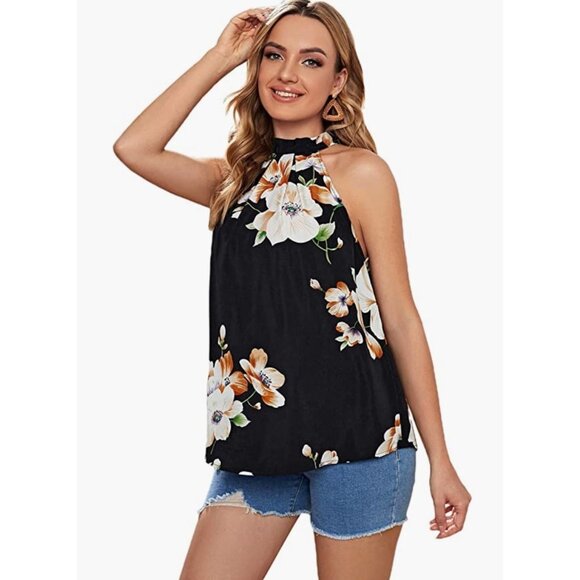 Black Floral Print Pink High‎ Neck Halter Sleeveless Keyhole Tank Top Blouse - Picture 5 of 6